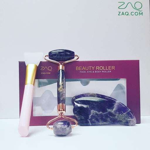 ZAQ Skin & Body -  Amethyst Facial Roller, Gua Sha, Brush Set