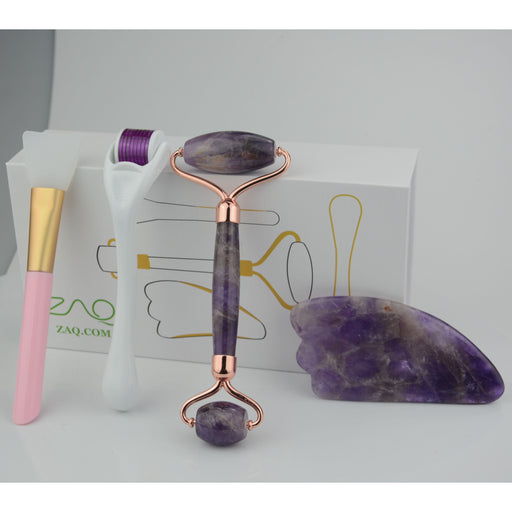 ZAQ Skin & Body -  Amethyst Facial Roller, Gua Sha, Brush And Derma Roller Set