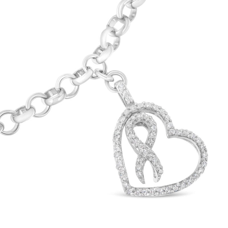 Bids.com .925 Sterling Silver 1/4 Cttw Diamond-Accented Heart and Ribbon Charm 7" Link Chain Bracelet (H-I Color, I1-I2 Clarity) Bracelets