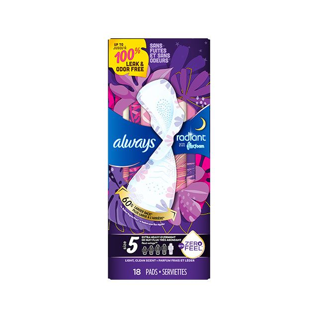 Always Always Radiant FlexFoam Pads, Size 5 Extra Heavy Overnight 3 Packs of 18 Feminine Pads & Protectors