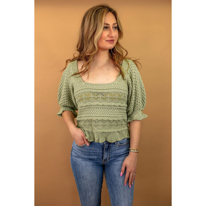 Chelsey Eyelet Knit Top in Sage