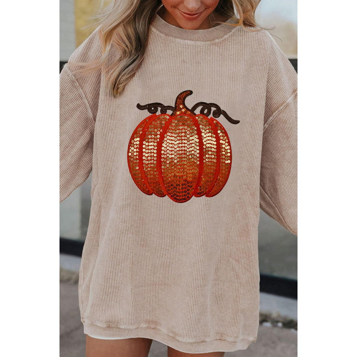 Sequin Pumpkin Round Neck Long Sleeve Sweatshirt