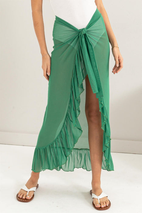 Ruffle Trim Cover Up Sarong Skirt in Green