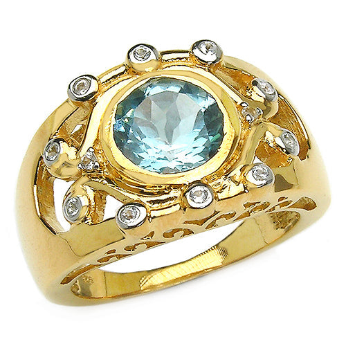 Bids.com 14K Yellow Gold Plated 3.42 Carat Genuine Blue Topaz & White Topaz .925 Sterling Silver Ring Rings