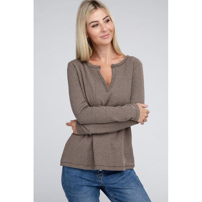 Melange Baby Waffle V-Neck Long Sleeve Top