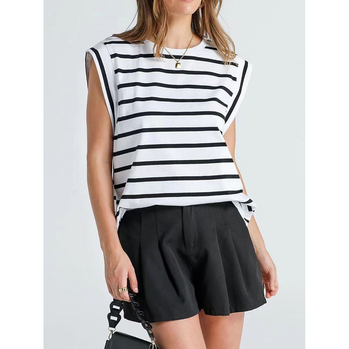 Striped Round Neck Cap Sleeve T-Shirt