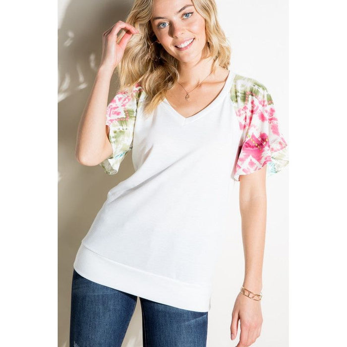 V NECK SHORT FLAIR SLEEVE TOP