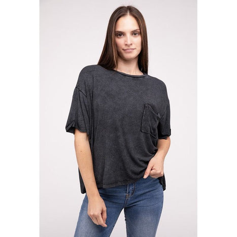 Washed Ribbed Cuffed Short Sleeve Round Neck Top