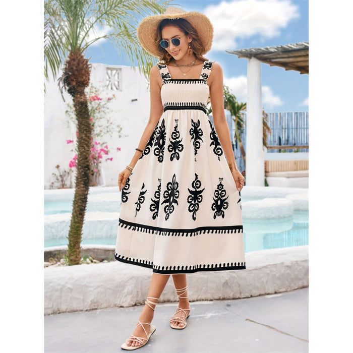 Printed Square Neck Wide Strap Midi Dress