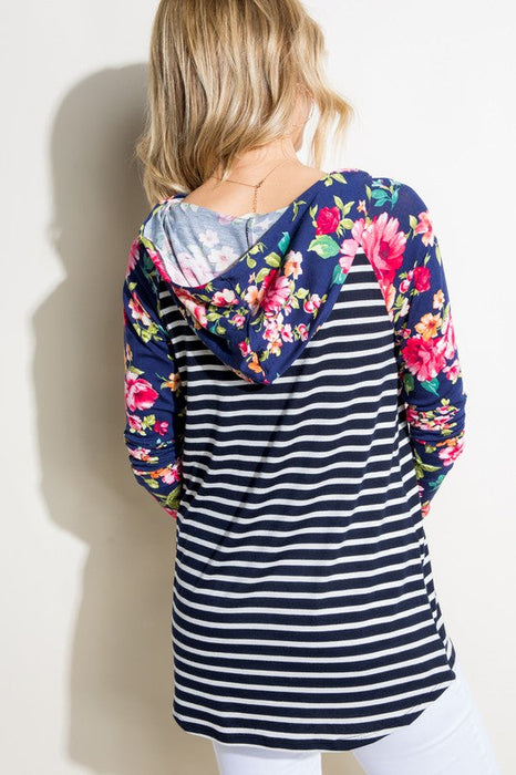 PLUS STRIPE FLORAL MIX HOODIE TOP