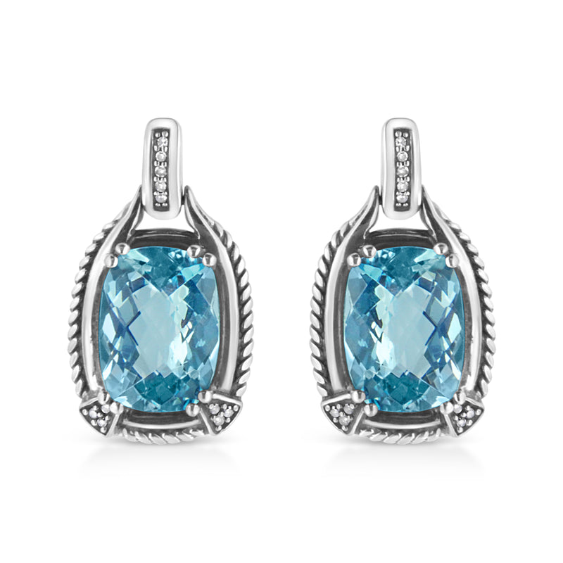 Bids.com .925 Sterling Silver 14x10MM Cushion Cut Blue Topaz Gemstone and Diamond Accent Dangle Earring (I-J Color, I1-I2 Clarity) Earrings