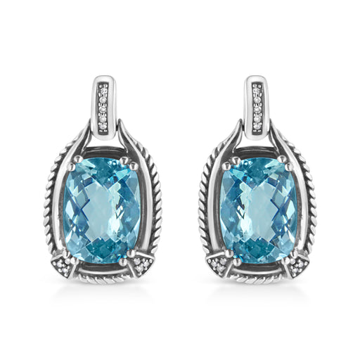 Bids.com .925 Sterling Silver 14x10MM Cushion Cut Blue Topaz Gemstone and Diamond Accent Dangle Earring (I-J Color, I1-I2 Clarity) Earrings