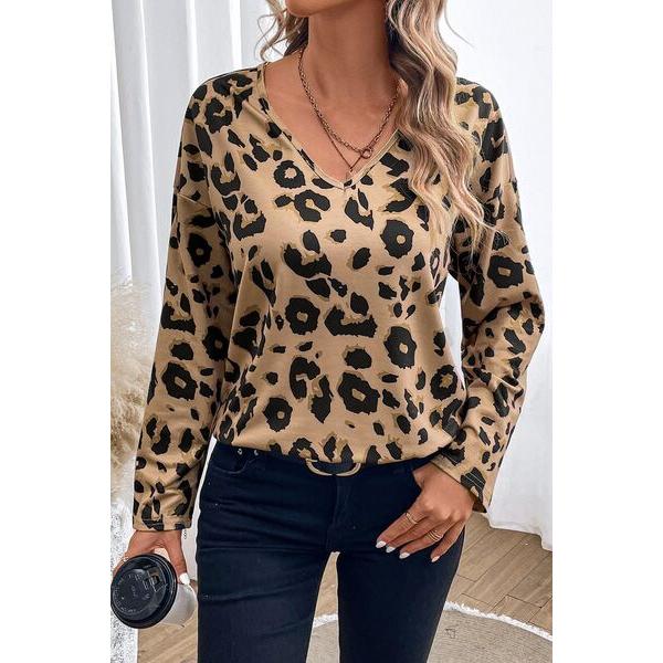 Leopard V-Neck Dropped Shoulder Blouse