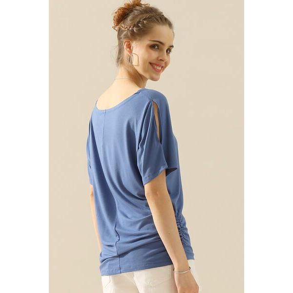 Ninexis Boat Neck Short Sleeve Ruched Side Top