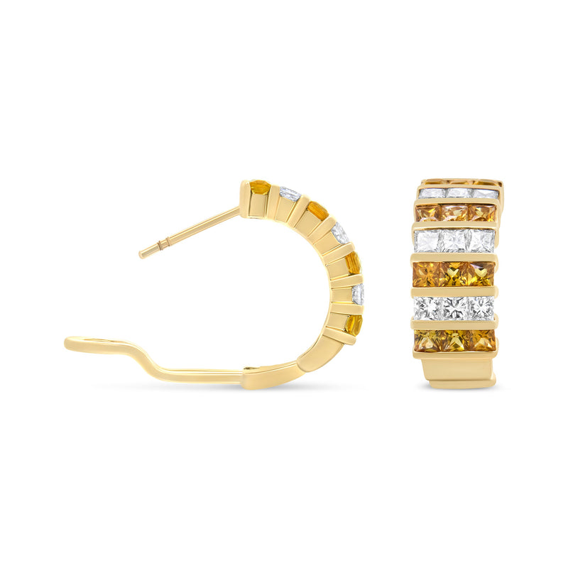 Bids.com 18K Yellow Gold 1 3/4 Cttw Invisible Set Princess Cut Diamond and 2.5mm Yellow Sapphire Huggie Hoop Earrings (F-G Color, VS1-VS2 Clarity) Earrings