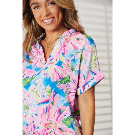 Double Take Floral Notched Neck Short Sleeve Top