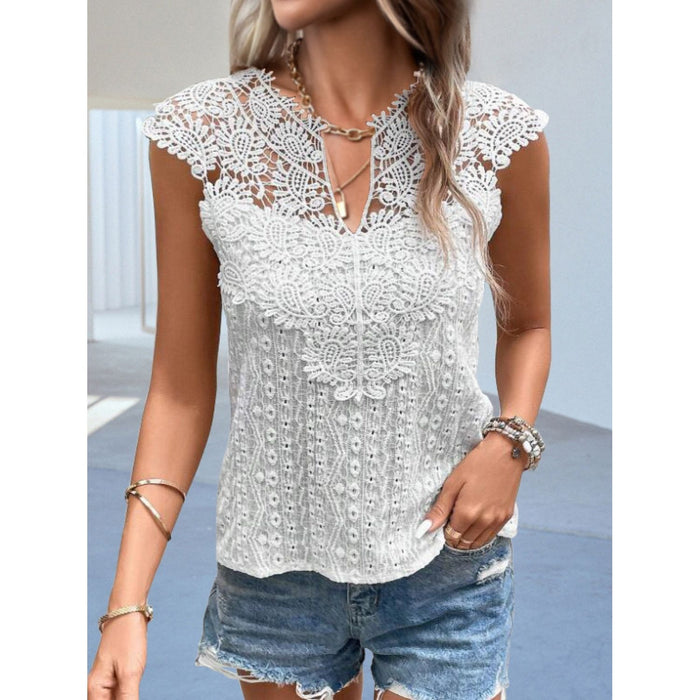 Cutout Lace Detail Notched Blouse