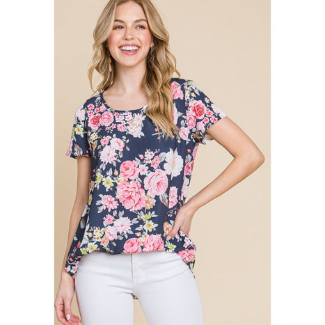 BOMBOM Floral Round Neck Short Sleeve T-Shirt