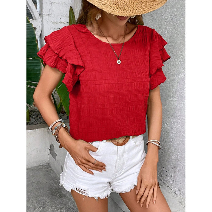 Round Neck Flounce Sleeve Blouse