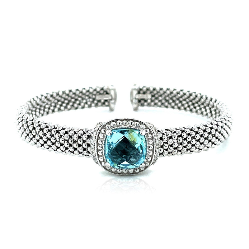 Bids.com Popcorn Texture Cuff Bangle with Blue Topaz and Diamonds in Sterling Silver Bracelets