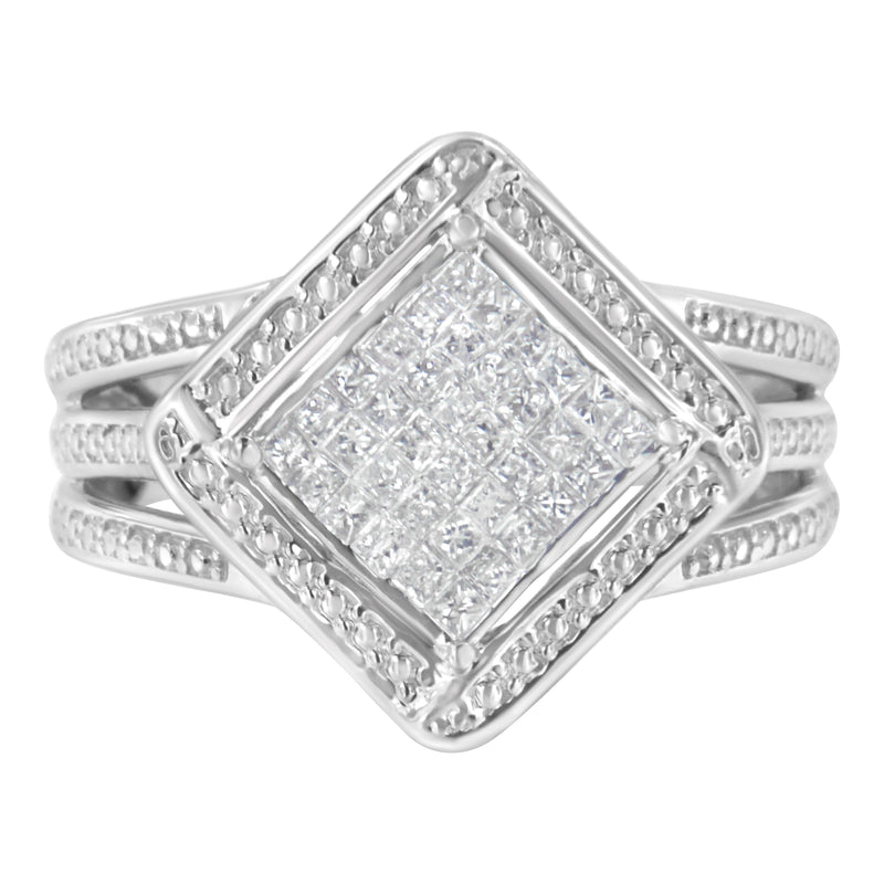 Bids.com .925 Sterling Silver 2/5 Cttw Princess Cut Diamond Square On Point Cluster Composite Cocktail Ring (H-I Color, SI1-SI2 Clarity) - Size 6 Rings