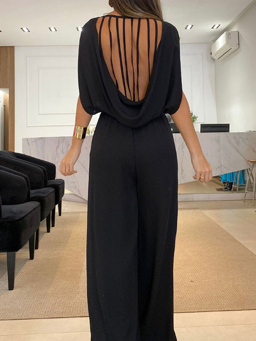 High Waisted Sleeveless Backless Elasticity Pleated Solid Color Split-Joint Jumpsuits by migunica