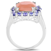 Bids.com 6.70 Carat Genuine Peach Moonstone and Tanzanite .925 Sterling Silver Ring Rings