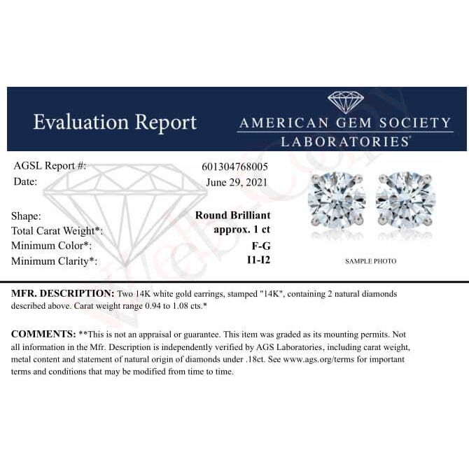 Bids.com AGS Certified 14K White Gold 1.0 cttw 4-Prong Set Brilliant Round-Cut Solitaire Diamond Push Back Stud Earrings (F-G Color, I1-I2 Clarity) Earrings