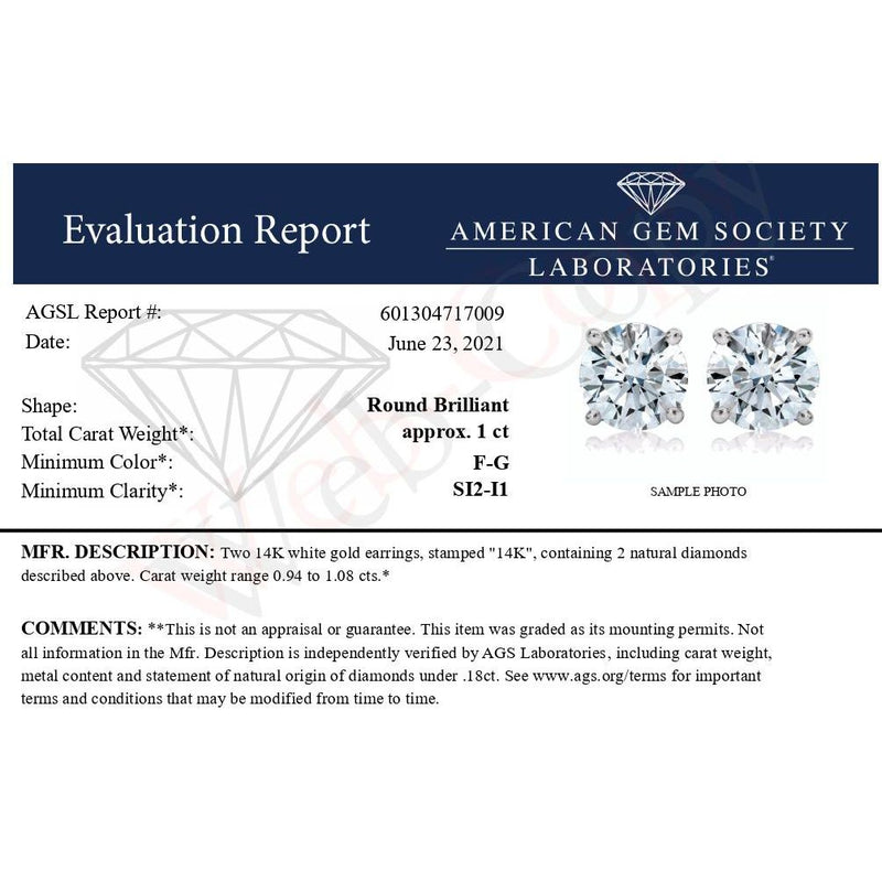 Bids.com AGS Certified 14K White Gold 1.0 Cttw 4-Prong Set Brilliant Round-Cut Solitaire Diamond Push Back Stud Earrings (F-G Color, SI2-I1 Clarity) Earrings