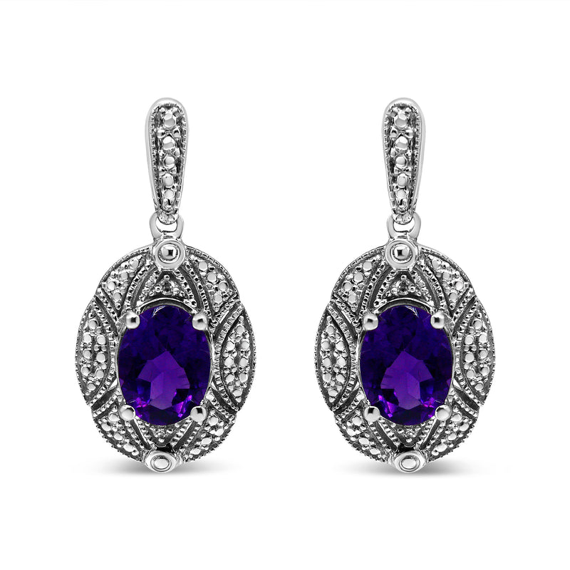 Bids.com .925 Sterling Silver Diamond Accent and 8x6mm Purple Oval Amethyst Stud Earrings (I-J Color, I1-I2 Clarity) Earrings
