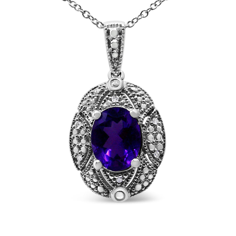Bids.com .925 Sterling Silver Diamond Accent and 9x7mm Purple Oval Amethyst Gemstone Pendant 18" Necklace (I-J Color, I1-I2 Clarity) Necklaces