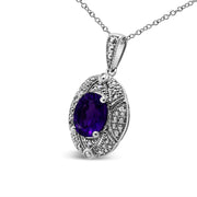 Bids.com .925 Sterling Silver Diamond Accent and 9x7mm Purple Oval Amethyst Gemstone Pendant 18" Necklace (I-J Color, I1-I2 Clarity) Necklaces
