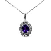 Bids.com .925 Sterling Silver Diamond Accent and 9x7mm Purple Oval Amethyst Gemstone Pendant 18" Necklace (I-J Color, I1-I2 Clarity) Necklaces