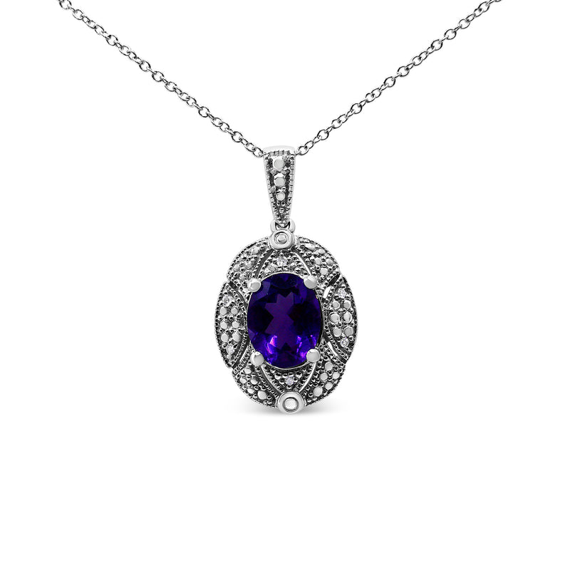 Bids.com .925 Sterling Silver Diamond Accent and 9x7mm Purple Oval Amethyst Gemstone Pendant 18" Necklace (I-J Color, I1-I2 Clarity) Necklaces