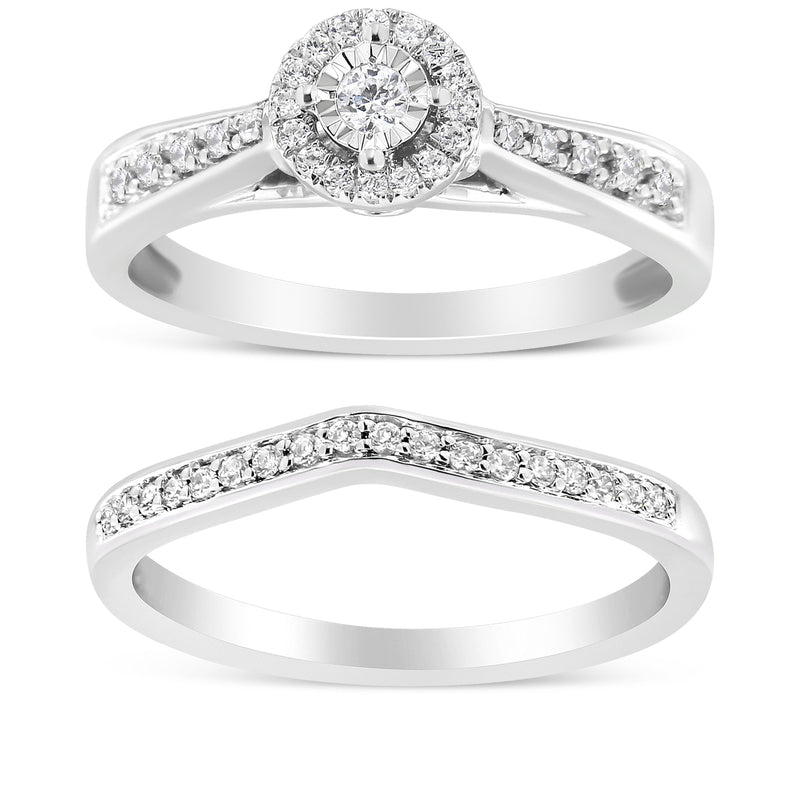 Bids.com .925 Sterling Silver 1/3 Cttw Diamond Halo and Pave Shank Engagement Ring Set (I-J Color, I3 Clarity) - Ring Size 7 Rings