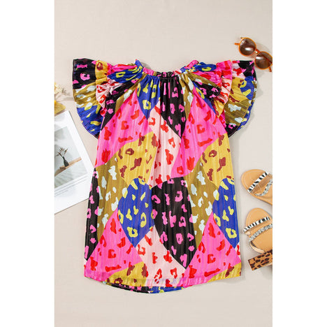 Ruffled Printed Tie Neck Cap Sleeve Blouse