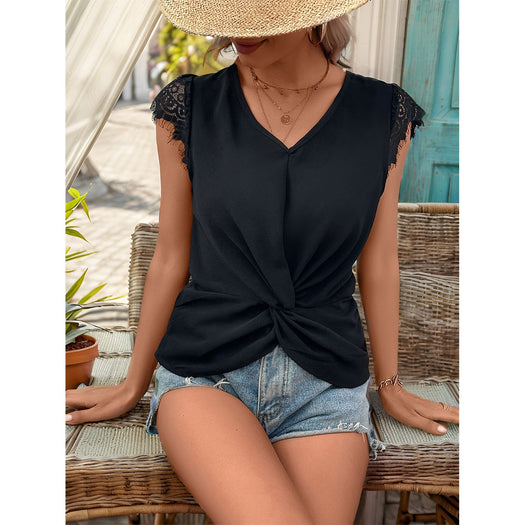 Lace Detail V-Neck Cap Sleeve T-Shirt