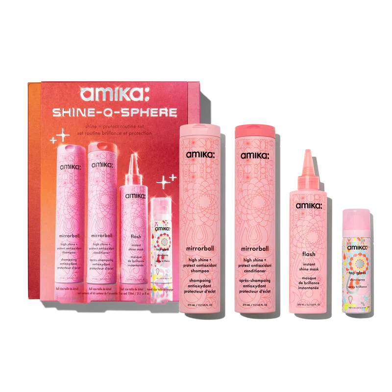 Nava Beauty Amika Shine-O-Sphere Kit - Mirrorball Shampoo 9.2oz Mirrorball Conditioner 9.2oz Flash Mask 6.7oz Top Gloss Spray 1oz Black