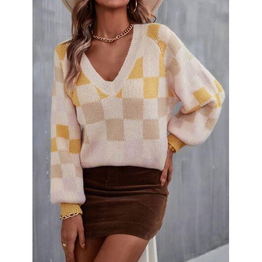 Checkered V-Neck Lantern Sleeve Sweater