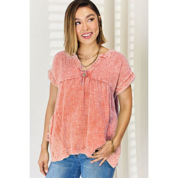 Zenana Washed Raw Hem Short Sleeve Blouse with Pockets