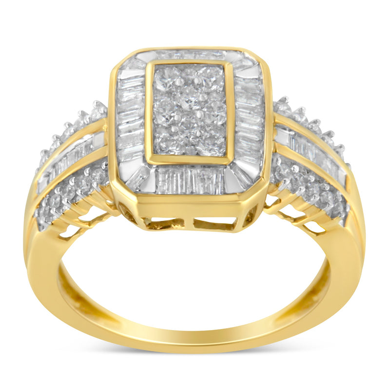 Bids.com 10K Yellow Gold Round and Baguette-Cut Diamond Cocktail Ring (1.0 Cttw, H-I Color, SI2-I1 Clarity) - Size 7 Rings