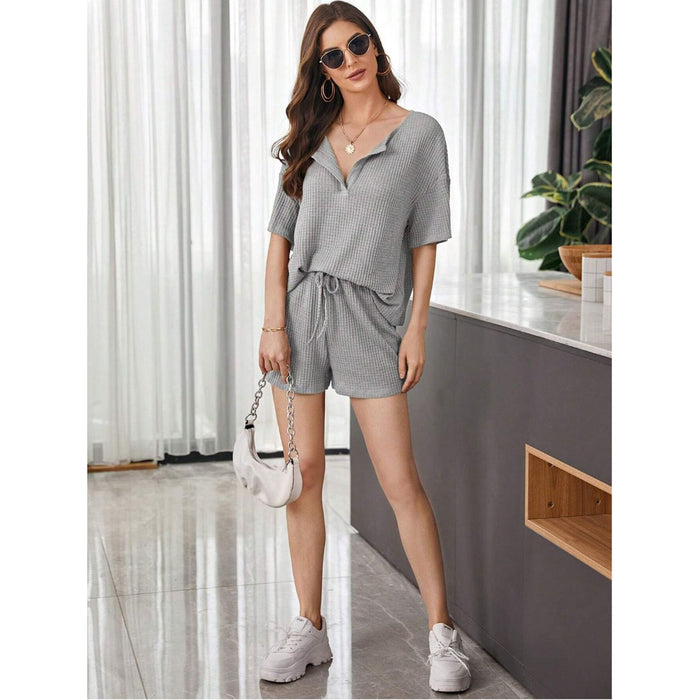 Waffle-Knit Dropped Shoulder Top and Shorts Set