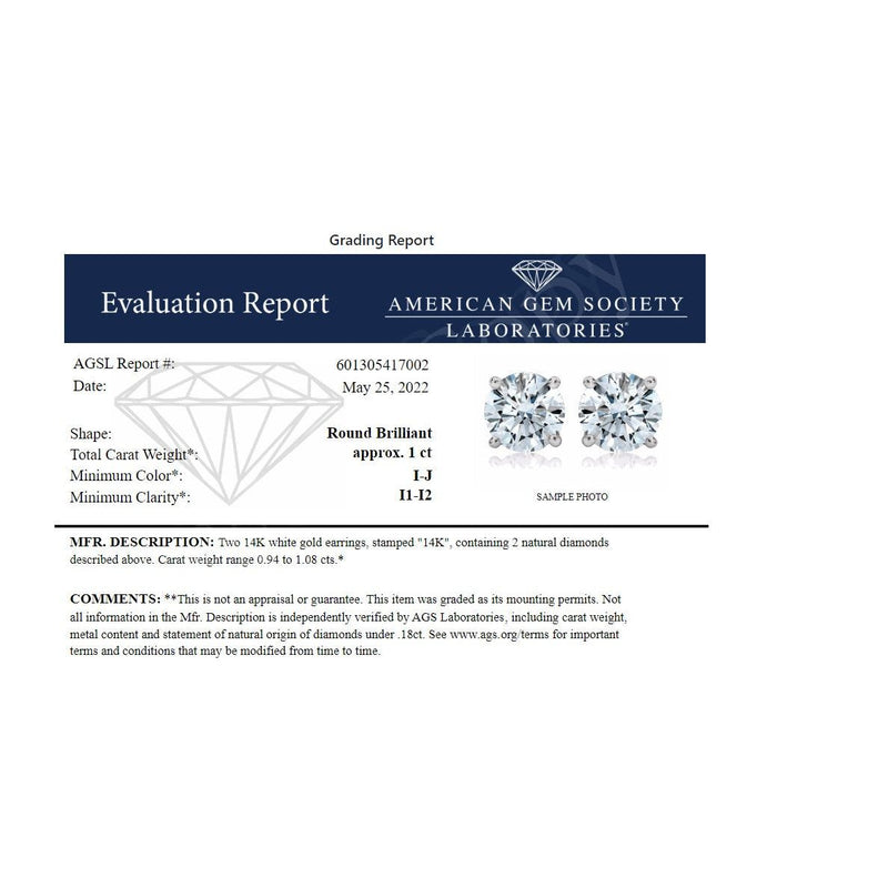 Bids.com AGS Certified 14K White Gold 1.0 Cttw 4-Prong Set Brilliant Round-Cut Solitaire Diamond Push Back Stud Earrings (I-J Color, I1-I2 Clarity) Earrings