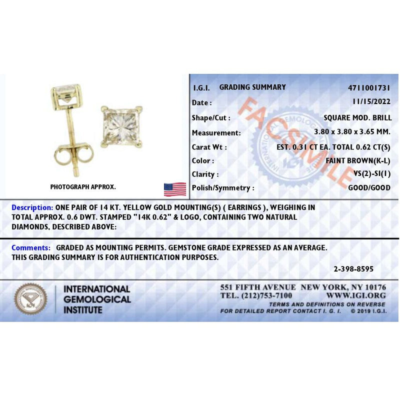 Bids.com 14K Yellow Gold 5/8 Cttw Princess Natural Brown Color Diamond 4-Prong Stud Earrings (Brown Color, VS2-SI1 Clarity) Earrings