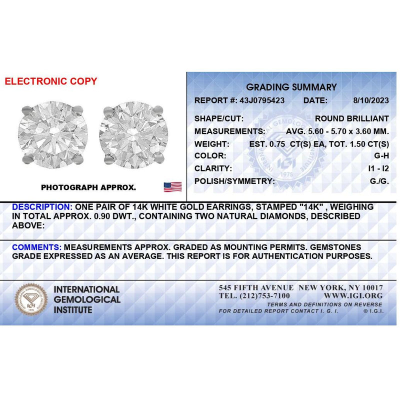 Bids.com IGI Certified 14K White Gold 1 1/2 Cttw Round Diamond Solitaire Stud Earrings with Screwbacks (G-H Color, I1-I2 Clarity) Earrings