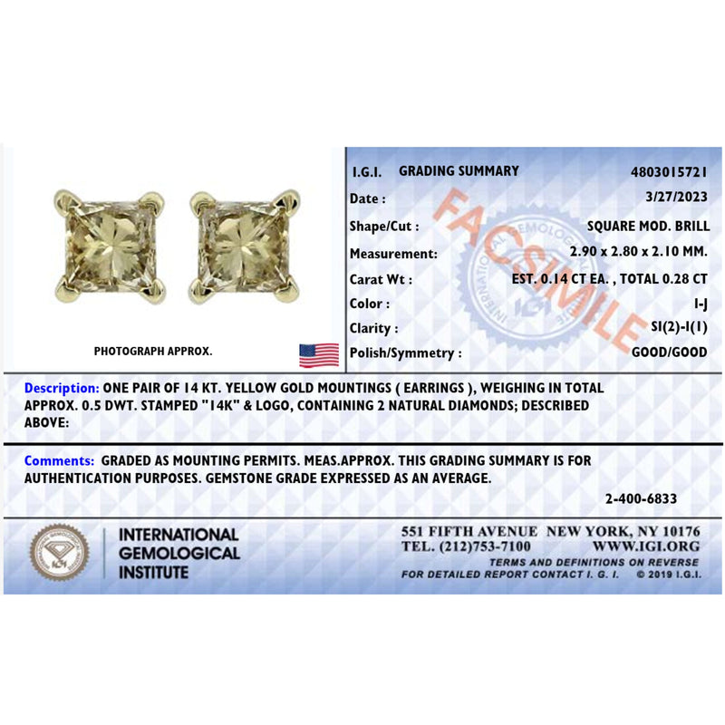 Bids.com IGI Certified 14K Yellow Gold 1/4 Cttw Princess-Cut Diamond Solitaire Stud Earrings Earrings