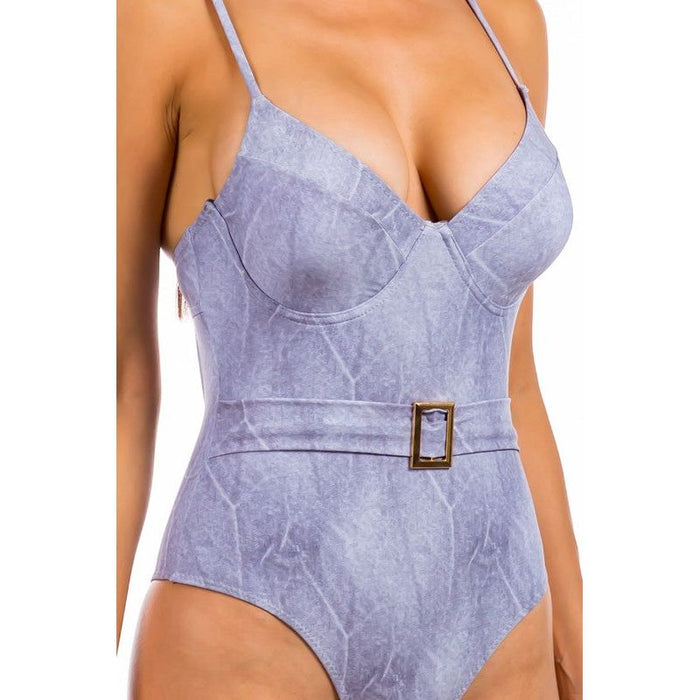 One Piece Buckle Belt Embellish Denim Swimsuit