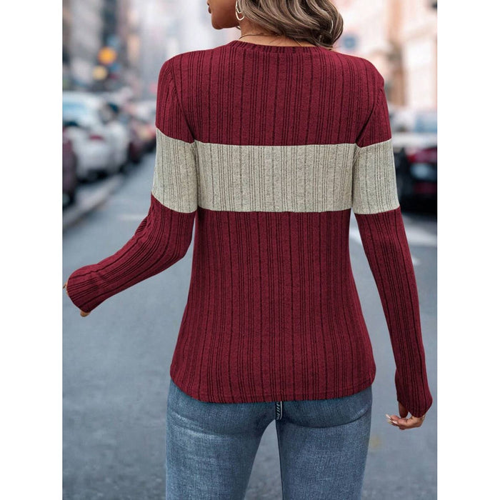 Color Block Round Neck Long Sleeve Top