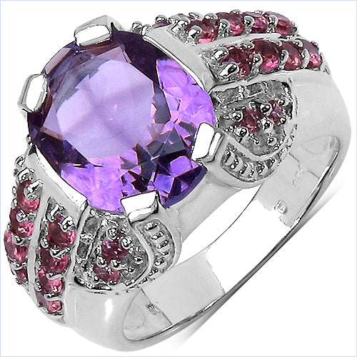 Bids.com 5.37 Carat Genuine Amethyst & Rhodolite .925 Sterling Silver Ring Rings