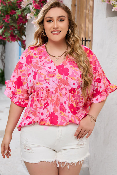 Floral Print Ruffled Half Sleeve Plus Size Babydoll Blouse